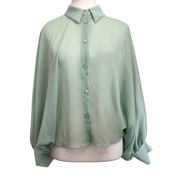 ZARA PASTEL MINT SHEER CHIFFON DOLMAN SLEEVE CROPPED BUTTON DOWN SHIRT -XS - Picture 1 of 10